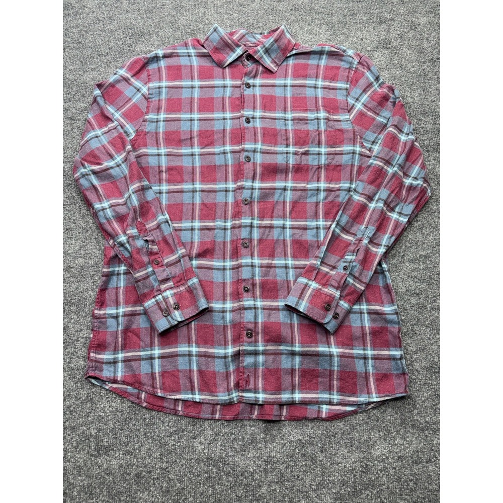 Johnnie-O Top Shelf Mens XL Plaid Button Down Shirt Burgundy Blue Lyocell Hemp